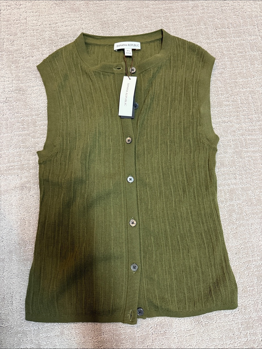 Banana Republic Olive Green Ribbed Crepe Button-Front Sleeveless Top